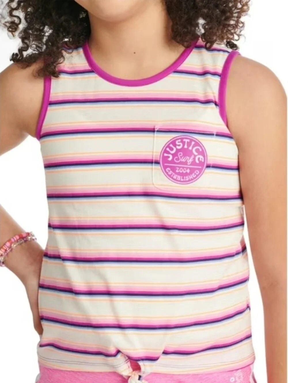 Justice Girls Graphic Tank Striped Tie-Front Tank Top Purple/Pink NWT